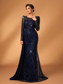 Serin Váy maxi đuôi cá dài tay voan xếp nếp, chất liệu satin co giãn, đính cườm và sequin sang trọng, thanh lịch, xẻ tà hai bên, thích hợp cho đám cưới, tiệc tùng, kỳ nghỉ, dạ hội, váy dạ hội cho mẹ cô dâu - Màu xanh hải quân - Xem 5