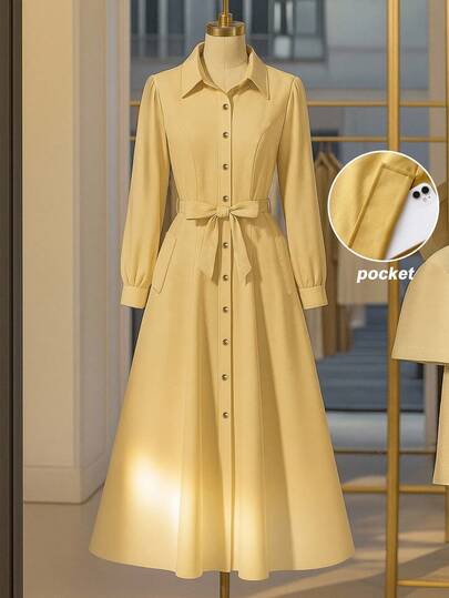 Franclia 女式纯色长袖单排扣休闲/工作衬衫裙