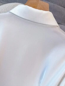 Franclia 女士优雅缎面领长袖衬衫裙，收腰设计，独特魅力 - 白色 - 查看 3