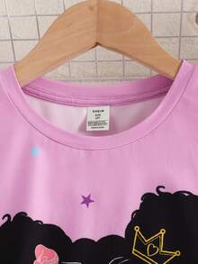 SHEIN Tween Girl Snug Fit Cartoon Printed Short Sleeve Top And Long Pants, Cute & Breathable Knitted Home Pajama Set, 2pcs - Multicolor - View 8