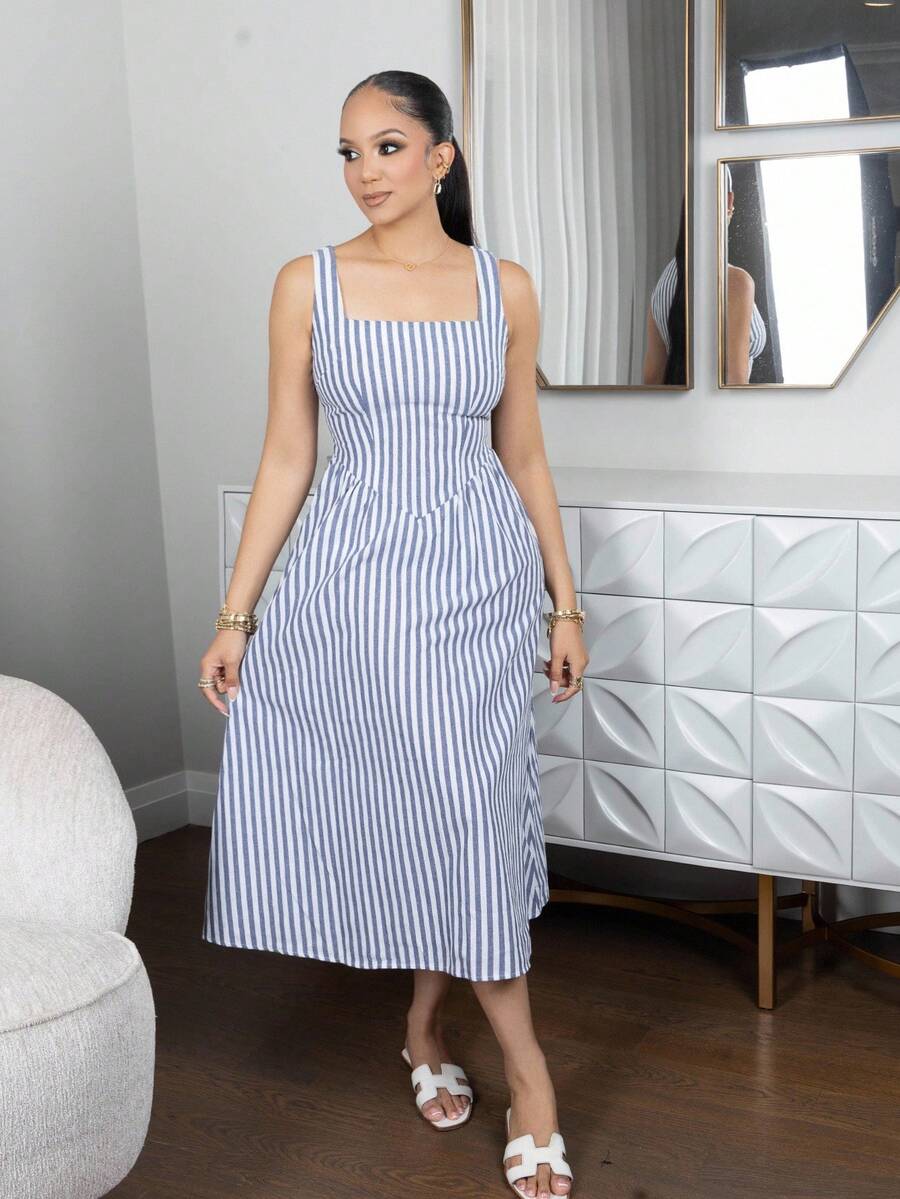 Melissa Matos 女式条纹印花方领无袖中长夏季连衣裙 - 藏蓝色 - 查看 1