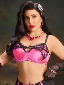 PinupPomp Plus Size Women Lace Patchwork Comfortable Underwire Bra, Lift - Hot Pink - View 6