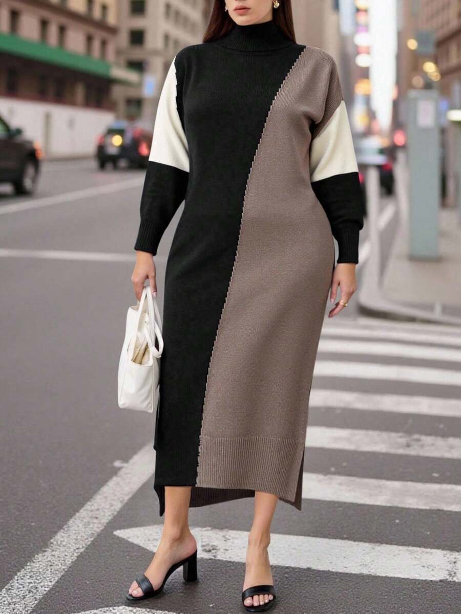 Calvaya Váy len dệt kim cổ cao tay cánh dơi thanh lịch màu sắc phong cách thu đông cho nữ cỡ lớn - Nhiều màu - Xem 1