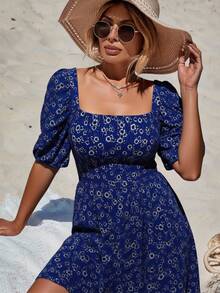 SHEIN Cottnline 女式夏季休闲度假风格全印花方领泡泡袖束腰中长连衣裙 - 彩色 - 查看 3
