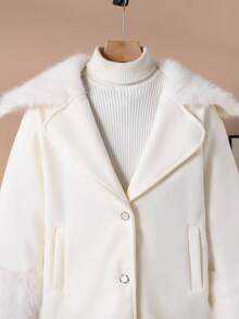 女童简约白色中长款毛领单排扣大衣，适合日常通勤聚会 - 白色 - 查看 5