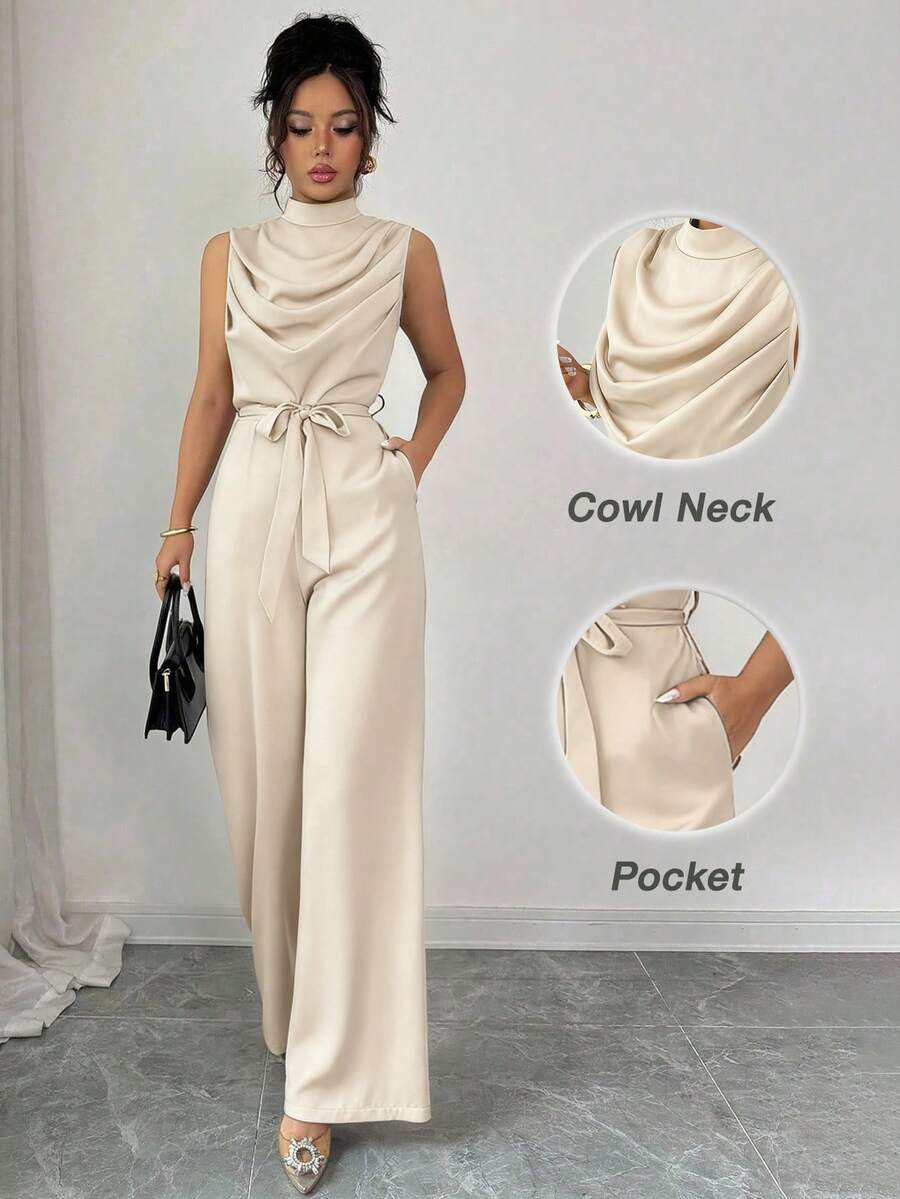 Elenzga Women's Elegant Green Mandarin Collar Ruched Sleeveless Jumpsuit, Fitted Waist, Spring/Summer - Apricot - View 1