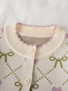 2pcs Baby Girls Cardigan Sweater & Pants Set,Cute Beige Fashion Bow Jacquard Knitted Outfit,Autumn Family Matching,Suitable For Winter Casual Wear - Multicolor - View 4
