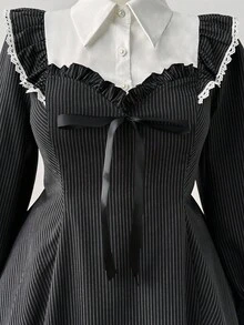 Sunspun Elegantes Herbst/Winter Collegemode süßes gestreiftes Patchwork Design Prinzessinnenkragen Puffärmel Spitzenbesatz Taille gerafft ausgestellter Saum Kleid für Frauen