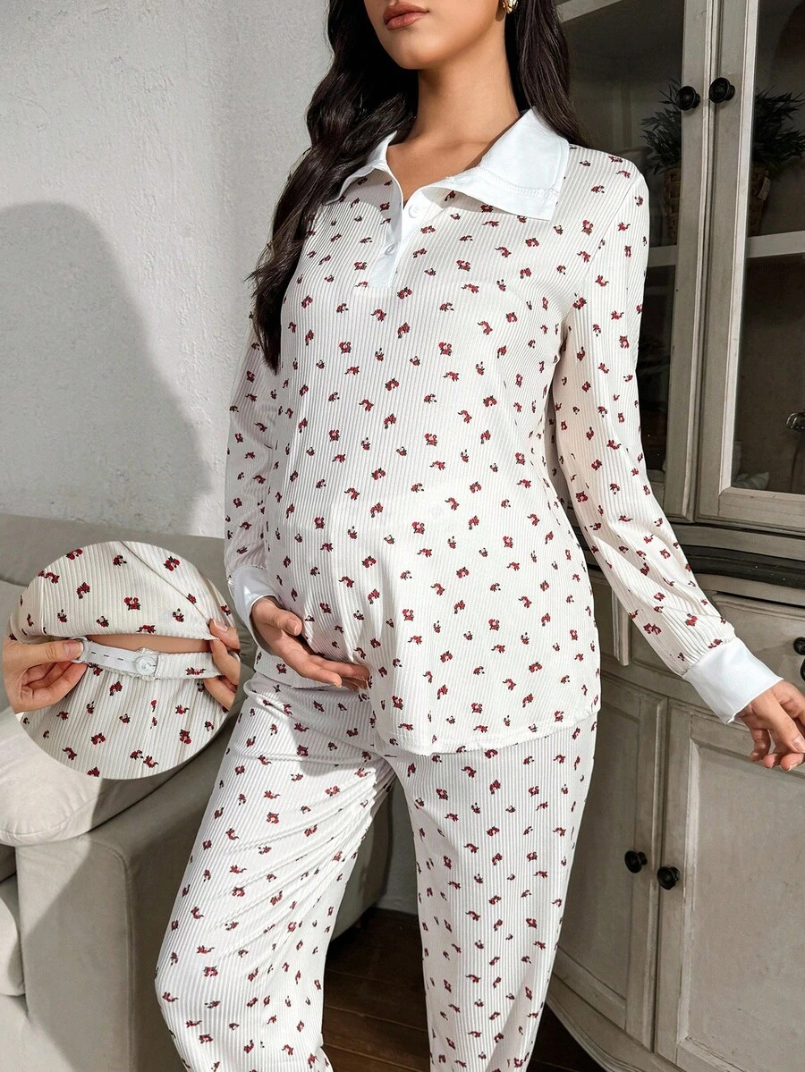 Moonlight&Mama 2pcs Maternity Contrast Collar Ditsy Floral Long Sleeve Pajama Set, Maternity Pajamas Set, Sleep Wear Women 2 Piece Set, Winter - Multicolor - View 1