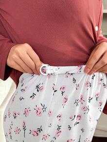 Moonlight&Mama Zestaw piżamowy Moonlight & Mama dla kobiet w ciąży, jednokolorowy, dzianinowy, z długim rękawem i spodniami, z drobnymi kwiatowymi spodniami, odzież nocna, jesienne ubrania, zestawy piżamowe dla kobiet z długim rękawem, zimowe - Wielokolorowe - Zobacz 3