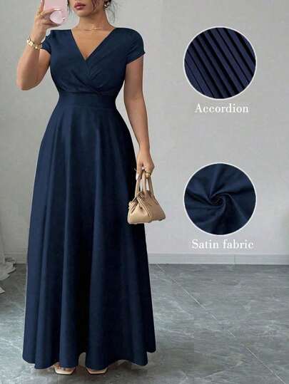 Elenzga Vestido largo elegante y romántico con cuello en V, manga corta, cintura plisada y línea A para mujer de talla grande. Adecuado para banquetes, fiestas, invitados de boda, damas de honor. Satén suave con brillo.