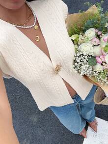 Serisse Maglia casual da donna con decorazione in metallo, adatta per l'autunno/inverno, con bottoni, capo versatile per l'inverno, caldo e confortevole per l'autunno e l'inverno, ideale anche per il Ringraziamento e l'estate - Albicocca - Visualizzare 5