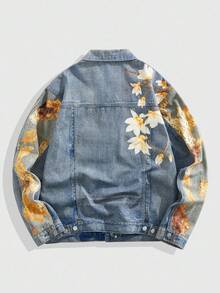 ROMWE MEN Street Life 男士花卉印花长袖单排扣休闲牛仔夹克，秋季 - 藍色 - 查看 2