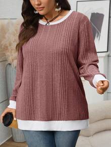 EMERY ROSE Plus Size Casual Colorblock Patchwork Side Slit Sweatshirt, Winter Outfit For Women - Red Violet - View 4