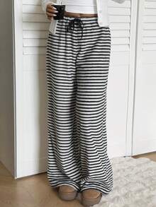 Aloruh Pantalones largos casuales de mujer con rayas y nudo delantero - Blanco y Negro - Ver 3