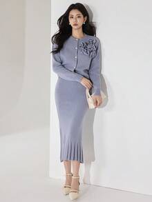 Modelyn 女士优雅纯色开衫和针织裙两件套，秋冬 - 霧霾藍 - 查看 2