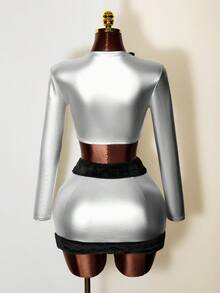 Mistrie Flannelette Collar Faux PU Leather Crop Jacket - Silver - View 2
