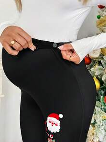 SHEIN Adjustable Waist Bow Tie Santa Claus Print Casual Leggings For Pregnant Women Autumn/Winter Tights Leggings Christmas Leggings Black Leggings For Women Maternity Leggings Santa Claus Leggings
