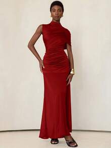 Aveloria Modichic Đầm lưới chắp vá xếp ly cổ tròn không đối xứng, chất kaki co giãn phong cách Âu Mỹ dành cho nữ - Màu Đỏ Sâu - Xem 3