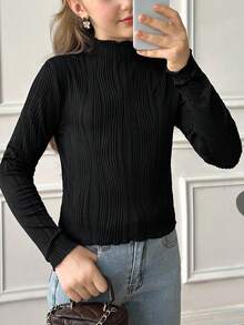 SHEIN 少女休闲简约百搭提花针织立领荷叶边修身长袖黑色T恤上衣，适合日常叠穿，秋冬季节穿着。 - 黑色 - 查看 2