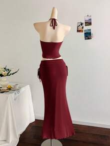 Soleia New Vacation Western Beach Wedding Guest Attire, Graduation Brunch, St. Patrick's Day, Spring Break, Easter, Music Festival, Elegant Bohemian Tropical Strapless Sleeveless Mesh Ruffle Hem Two Pieces Set