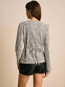 Poéselle 女式圆领前扣开衩修身长袖夹克 - 黑色 - 查看 2