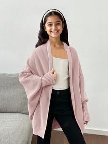 SHEIN Cardigan ample à manches chauve-souris décontracté pour préadolescentes, convient pour la maison, les sorties et l'école, automne/hiver - Rose pâle - Voir 1