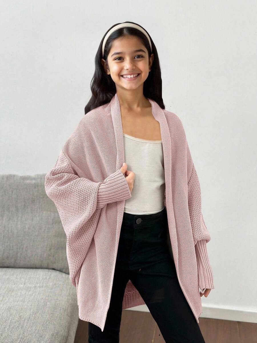 SHEIN Cardigan ample à manches chauve-souris décontracté pour préadolescentes, convient pour la maison, les sorties et l'école, automne/hiver - Rose pâle - Voir 1
