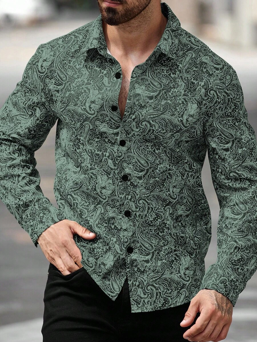 Manfinity LEGND Plus Size Men's Casual Paisley Print Button-Front Long Sleeve Shirt, Autumn - Mint Green - View 1