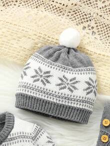 SHEIN 3 pezzi Set casual vintage per bambini: giacca a maniche lunghe con collo rotondo + tutina in maglia con bavaglino + cappello carino, outfit minimalista alla moda, autunno/inverno - Grigio - Visualizzare 5