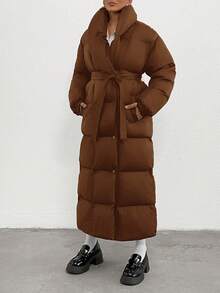 RueChic 女式羽绒领细腰超大长款加厚保暖时尚棉服冬季外套 - 巧克力棕 - 查看 1