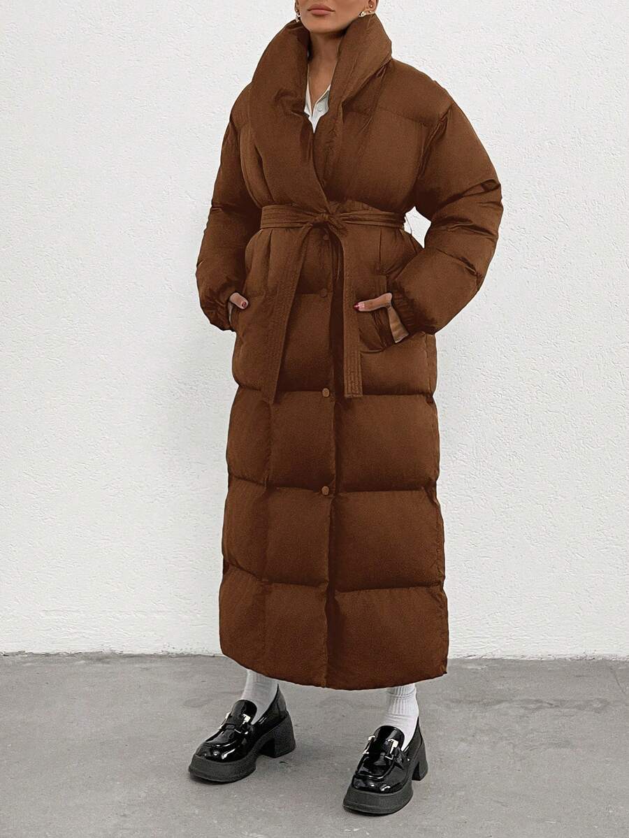 RueChic 女式羽绒领细腰超大长款加厚保暖时尚棉服冬季外套 - 巧克力棕 - 查看 1