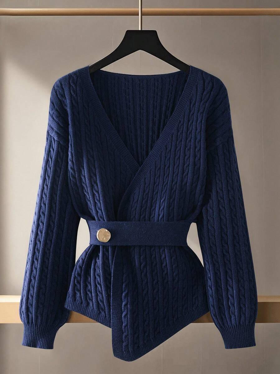 Franclia Women's Casual Fashion Minimalist Versatile Loose V-Neck Wrap Twist Rope Lantern Sleeve Belt Metal Decor Button Sweater, Autumn/Winter - Royal Blue - View 1