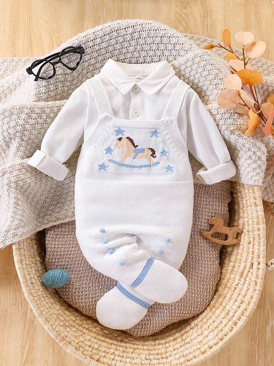 SHEIN Newborn Baby Knitted Footed Jumpsuit,White,Autumn,Cute Jacquard Cartoon Rocking Horse Design Handmade Ball Infant Clothes For Fall
