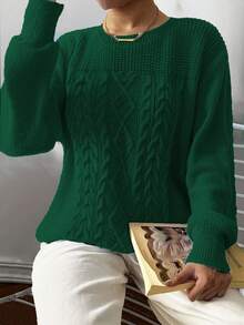 EMERY ROSE Suéter de cuello redondo de unicolor talla grande, casual y versátil, para otoño/invierno - Verde - Ver 1