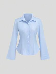 Sweetra Fashionable Striped Textured Fitted Flare Sleeve Women Shirt