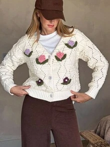 Vivie Lora Women's Floral Hollow-Out V-Neck Cardigan - Grey - View 3