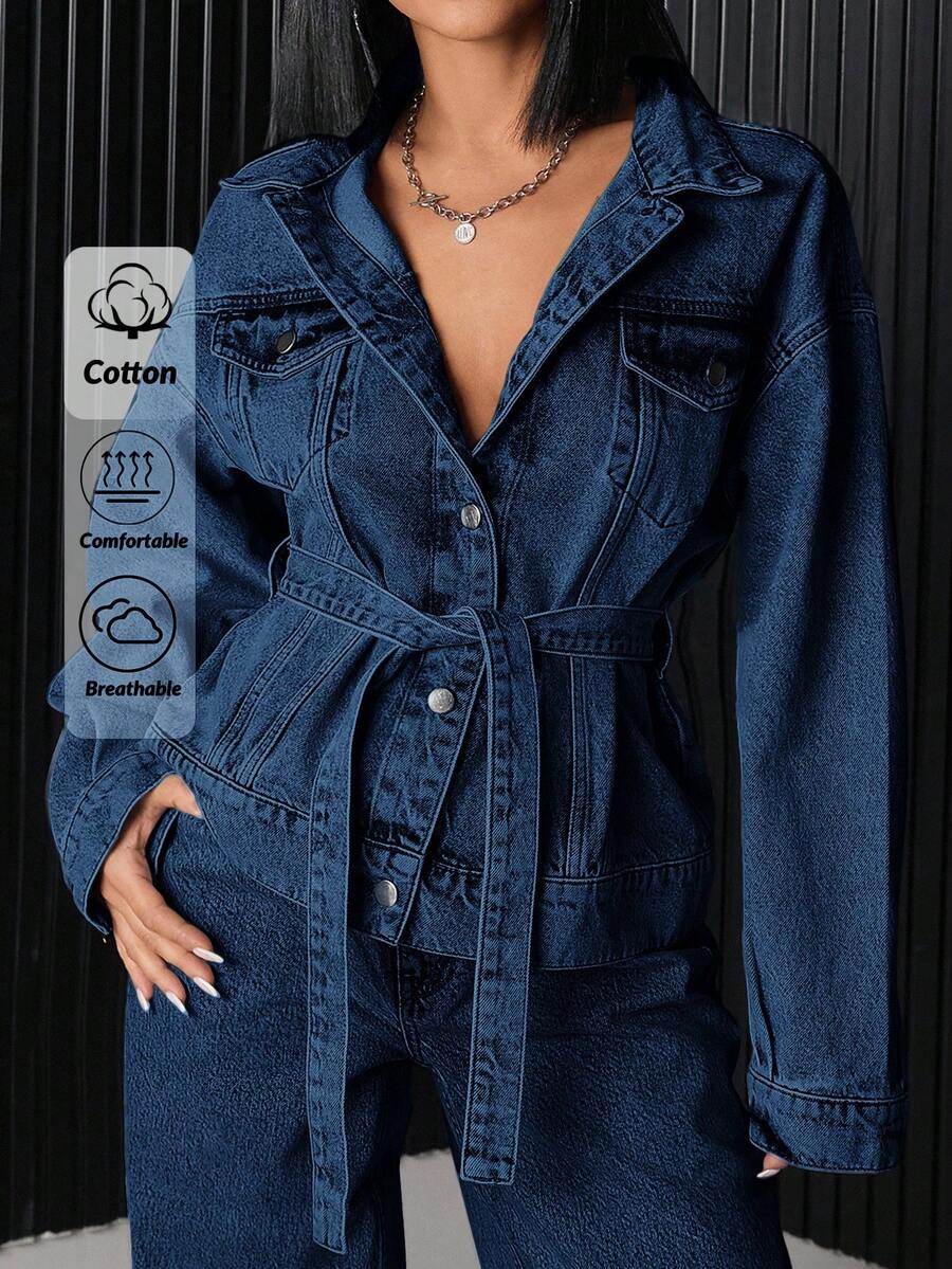 EURMUSE Flap Pocket Button Front Denim Jacket - Dark Wash - View 1