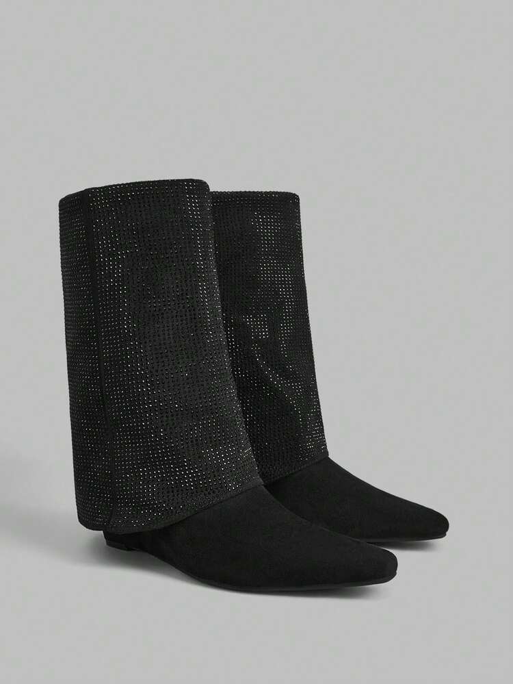 New Square Toe Rhinestone Embellished Casual Wedge Mid-Calf Boots For Women