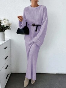 SHEIN Bộ áo len và chân váy len dáng rộng màu trơn dành cho nữ - Màu Lilac Tím - Xem 7