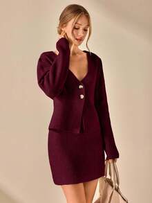 CLARA VERO WOMEN CLASSIC KNIT 2-BUTTON BLAZER & SKIRT CO-ORD - Burgundy - View 2