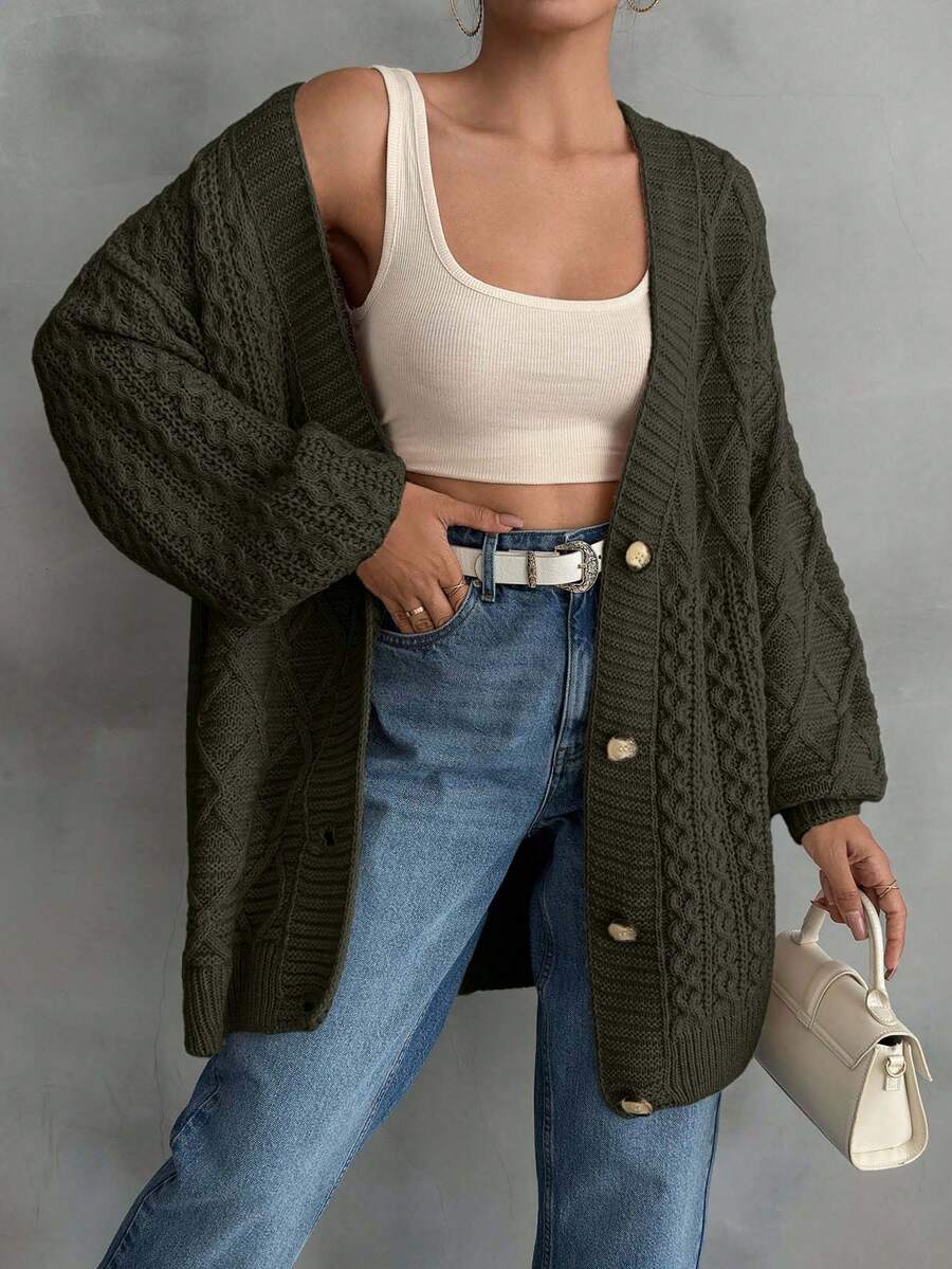 EURMUSE Women Cable Knit Detailed Long Cardigan - Army Green - View 1