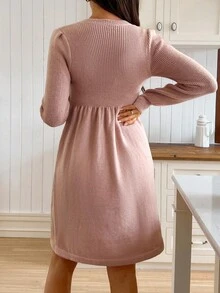 SHEIN Vestido de maternidad de punto de cuello redondo de unicolor de manga larga, otoño/invierno - Rosa vieja - Ver 2
