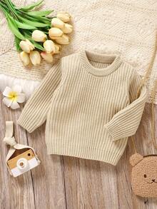 SHEIN Vintaside Kids Áo len chui đầu kẻ sọc màu trơn cho trẻ sơ sinh/bé trai - Màu Khaki - Xem 5