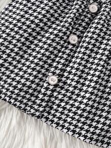 SHEIN Young Girls Cute Houndstooth Collar Fluffy Long Sleeve Jacket Paired With White Undershirt And Comfortable A-Line Skirt Outfit Fall Winter - Black - View 3