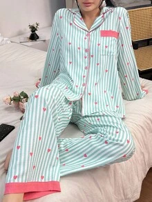 Dream Adore Striped Heart Patchwork Collar Top And Pants Pajama Set Flamingo Pajamas Striped Pajama Set Kawaii Pajamas Comfy Pajamas Set, Fall Winter Clothes - Mint Green - View 4