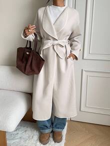 SHEIN EZwear 杏色梭织女式优雅长袖翻领大衣 - 杏色 - 查看 5