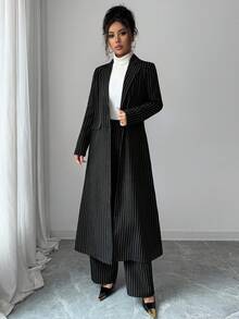 Elenzga 女式条纹西装套装，缺口领长袖长西装外套和条纹裤，适合办公室通勤和日常穿着，两件套，秋冬 - 黑色 - 查看 4