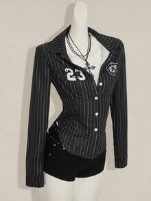 SHEIN ICON 女式黑白条纹长袖运动衫，数字印花短款衬衫，修身学院风夏季衬衫 - 黑色 - 查看 6