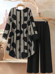 Rusticease Bộ đồ 2 món cho nữ cỡ lớn, cổ tròn, tay dài, viền bất đối xứng, áo và quần, thường ngày, mùa đông - màu đen - Xem 2